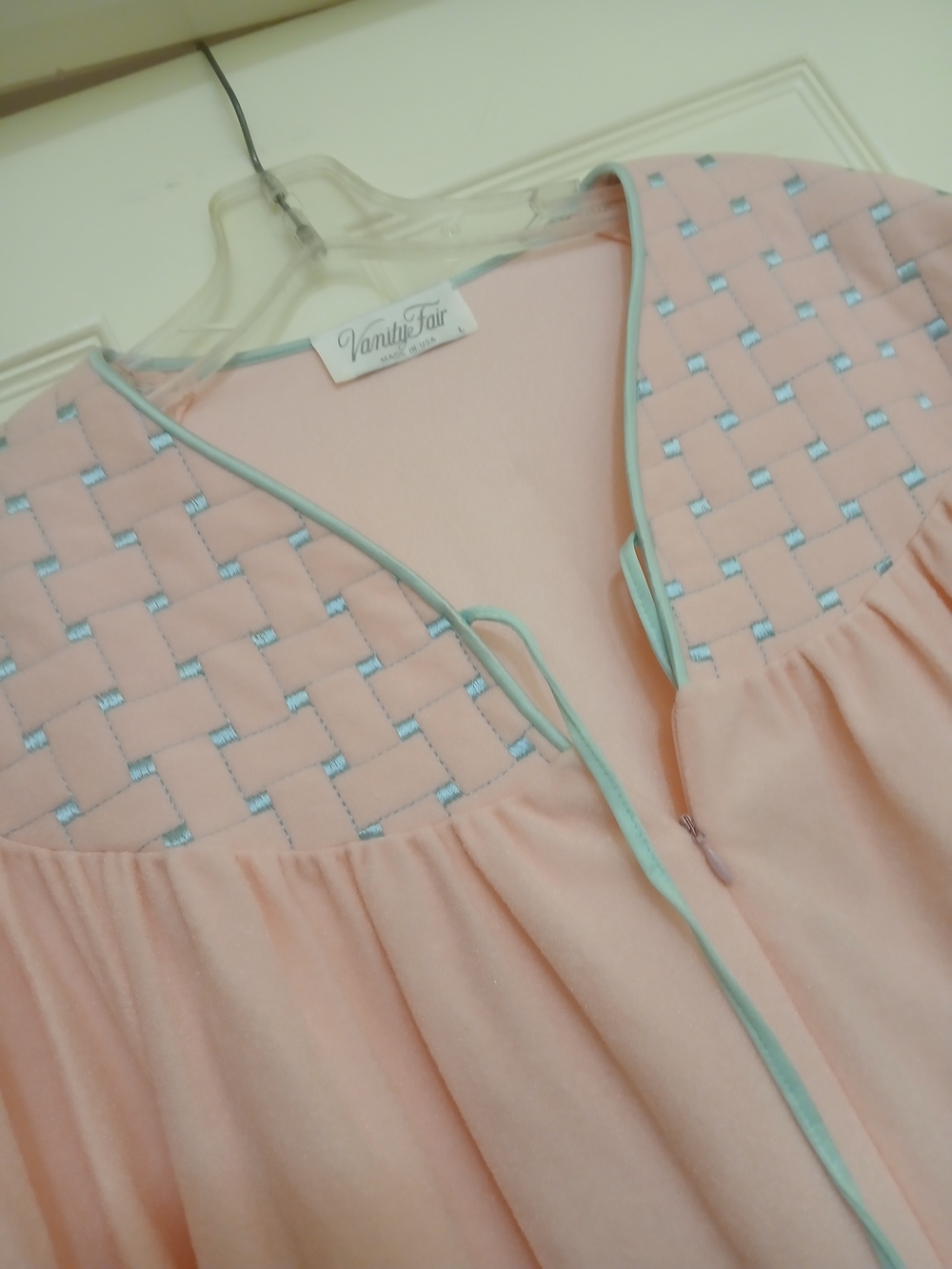 Vanity Fair Peach Nightgown with Mint Trim and Woven Yoke